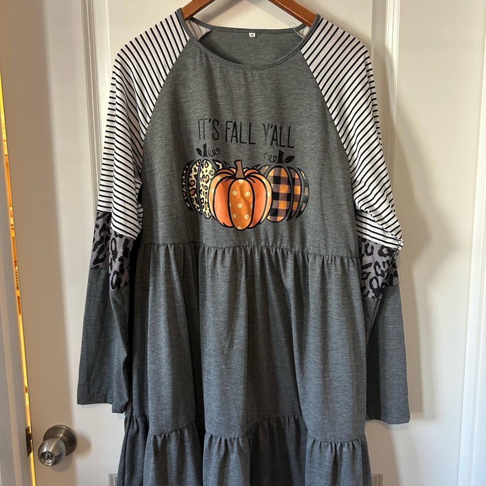 Gray Fall Graphic Dress with Pumpkin Design